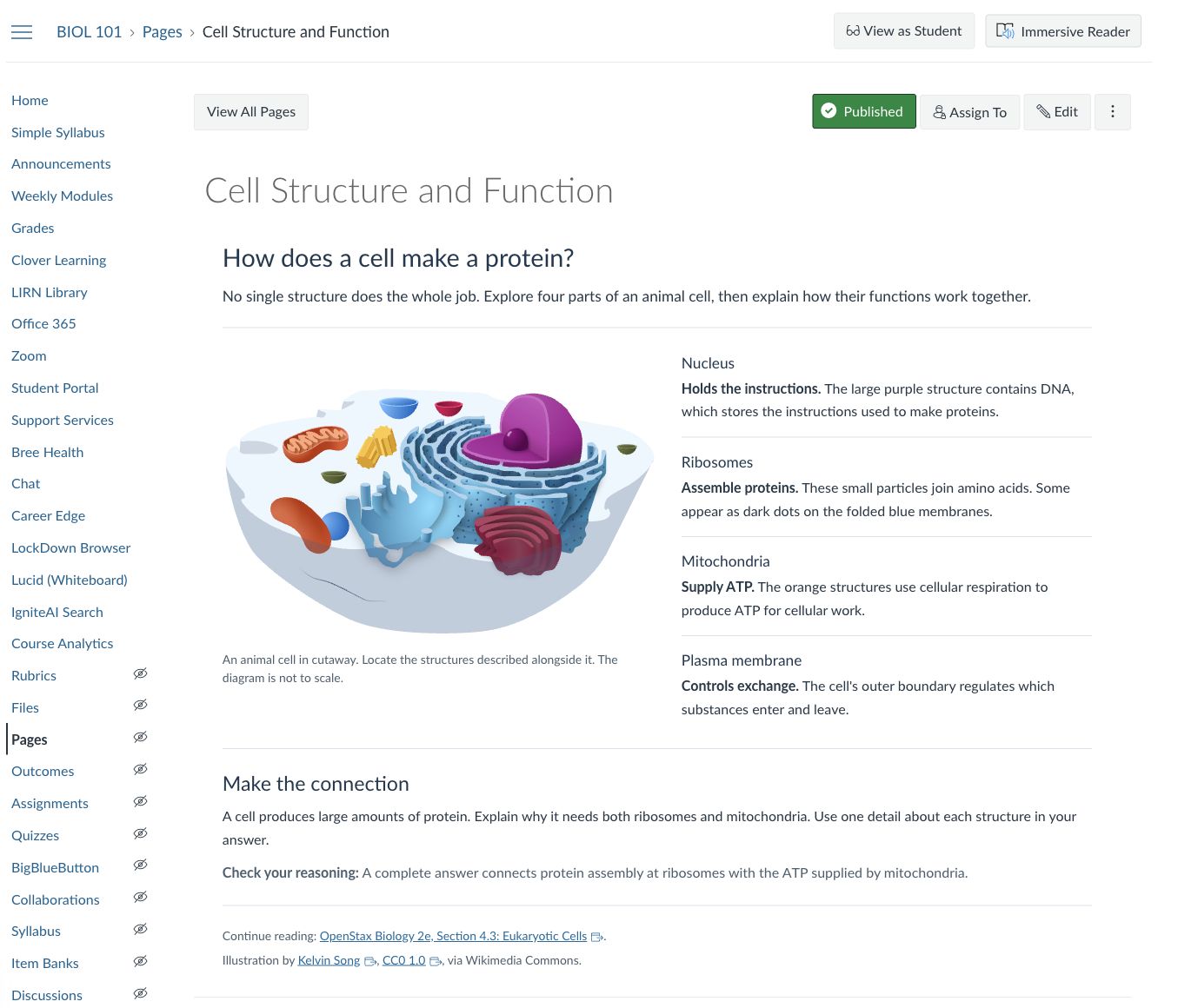 A published Canvas page named Cell Structure and Function in the BIOL 101 course. It shows the course menu, a heading, a labelled cell diagram with a description below it, four named cell structures, and a short student task.