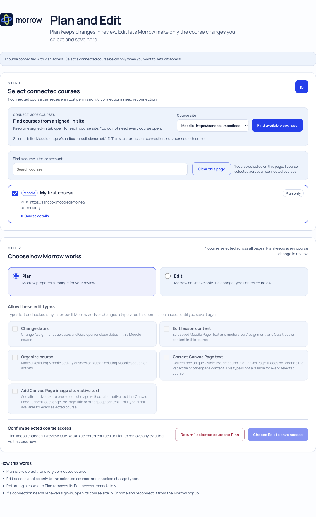 Morrow’s Plan and Edit settings. Plan is selected, and every edit type listed under Edit is unchecked.