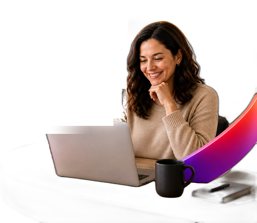 Smiling instructor working at a laptop, surrounded by a glossy Morrow ribbon.